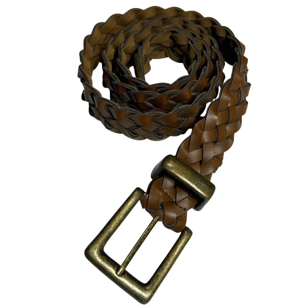 Brown Braided Leather Belt Weathered Brass Buckle Western Boho Up To‎ 37